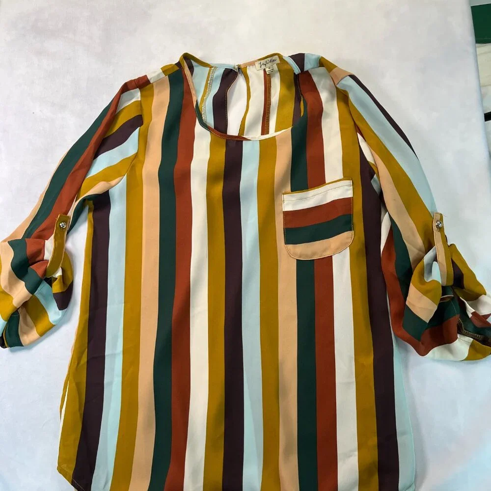 Lily White Earth Tone Vertical Striped Roll Tab Blouse Size Medium - Picture 3 of 6